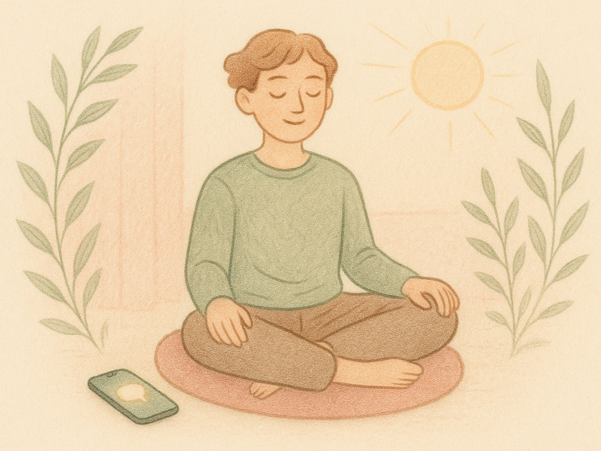 Illustration of a person meditating on a cushion at sunrise, a phone beside them showing a gentle nudge