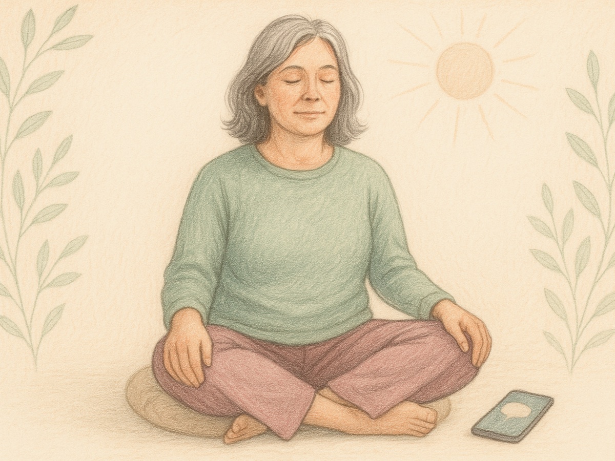 Illustration of a woman meditating on a cushion at sunrise, a phone beside her showing a gentle nudge