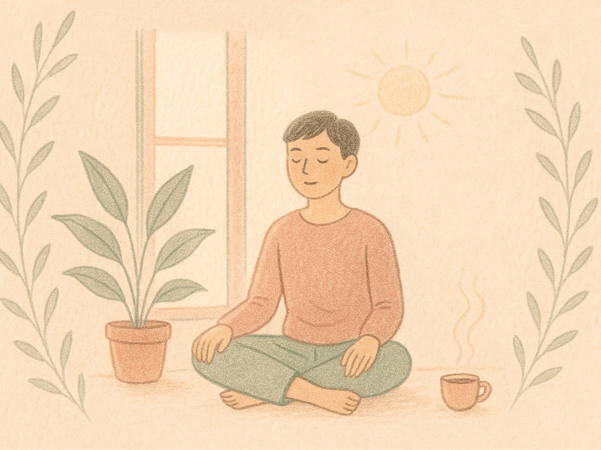 Illustration of a calm morning meditation by a window, with a plant and a cup of tea
